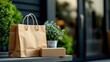 © Nice Seven - A stylish brown paper bag and box sit on a surface beside a small potted plant, creating a modern, minimalistic outdoor aesthetic.