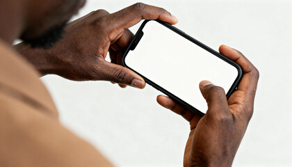 African man hands holding smartphone with a blank white screen for mockup. Mobile phone display for app or website design. Over the shoulder view of a person using the device.