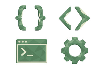 Modern polygonal icons representing coding, software development, and engineering concepts with a faceted design