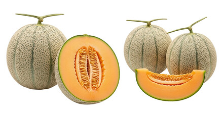 A tantalizing display of fresh cantaloupe melons showcasing their vibrant orange flesh and on transparent background