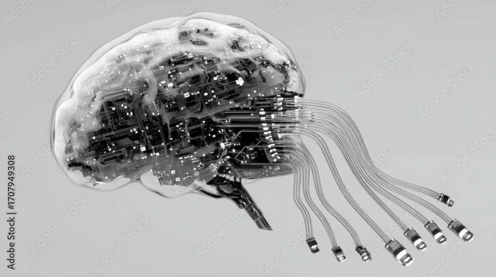 Brain with wires attached representing neural capital flow and smart ...