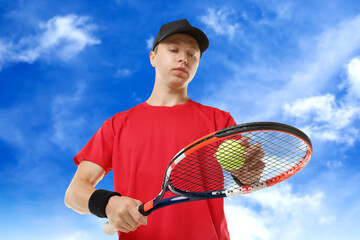 Wall Mural - man playing tennis against blue sky with clouds, low angle view