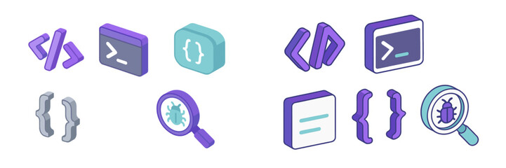 Isometric programming and debugging icons set for software development, web design, digital technology, and coding projects