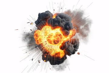 A powerful explosion with bright orange flames, dark smoke, and debris exploding outwards, isolated on white background