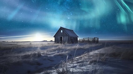 Wall Mural - Iceland Cabin Heavenly Aurora and Milky Way Galaxy Time Lapse Generative AI