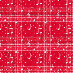Wall Mural - Plaid repeat pattern with twill weave in red with white snow and music notes.Christmas, winter tartan check seamless pattern.Vector illustration geometric background for fabric and prints.