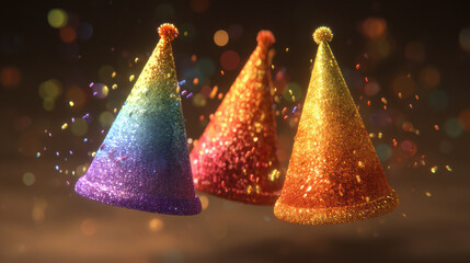 Colorful party hats with glitter sparkle against bokeh background, creating festive and joyful atmosphere