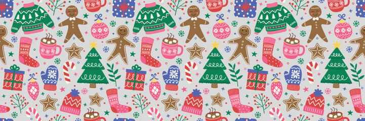 Wall Mural - Christmas background. Colourful cute cartoon ornament. Seamless texture. Banner. Vector illustration