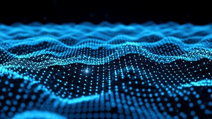 Dynamic futuristic background of flowing blue particle waves, representing a digital data stream or abstract technology network animation for science