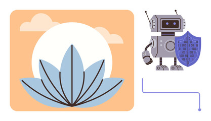 Robot with binary code shield and abstract lotus flower against a sunset. Ideal for technology, security, spirituality, innovation, nature, wellness, balance and modern life metaphor. Simple flat