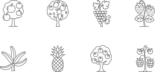 Illustration of various fruit trees and plants, showcasing a variety of fruits and foliage in a simple design
