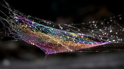 Colorful Glittering Spider Web with Dew Drops on Dark Background