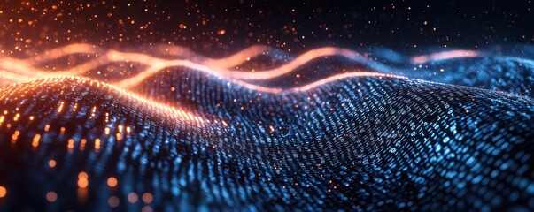 Abstract Digital Data Stream with Binary Code and Glowing Particle Effects