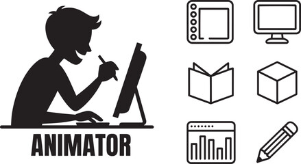 Animator Silhouette Vector Illustration with Graphics Tablet and Design Icons