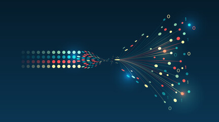Abstract illustration of big data and information flow with colorful dots and binary code on a dark background, symbolizing analytics, data transfer, and digital technology.