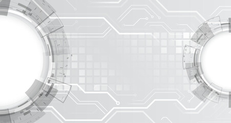 Wall Mural - Abstract high-tech background with futuristic circular elements, grid pattern, and digital circuit lines in gray tones. Ideal for technology, innovation, and modern business design.
