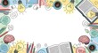 © Langit - Flat lay background for creativity and learning, showcasing doodle icons of ideas, books, and study supplies with copy space for text