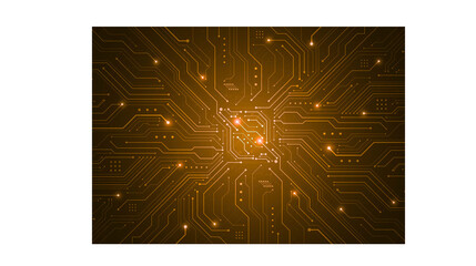 Abstract futuristic technology background with a glowing orange central processing unit and digital circuit board pathways
