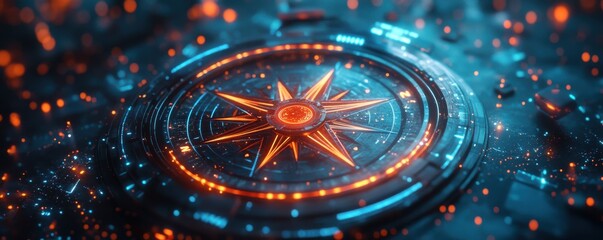 Illuminated Compass Rose Symbolizing Guidance and Technological Advancement in Blue
