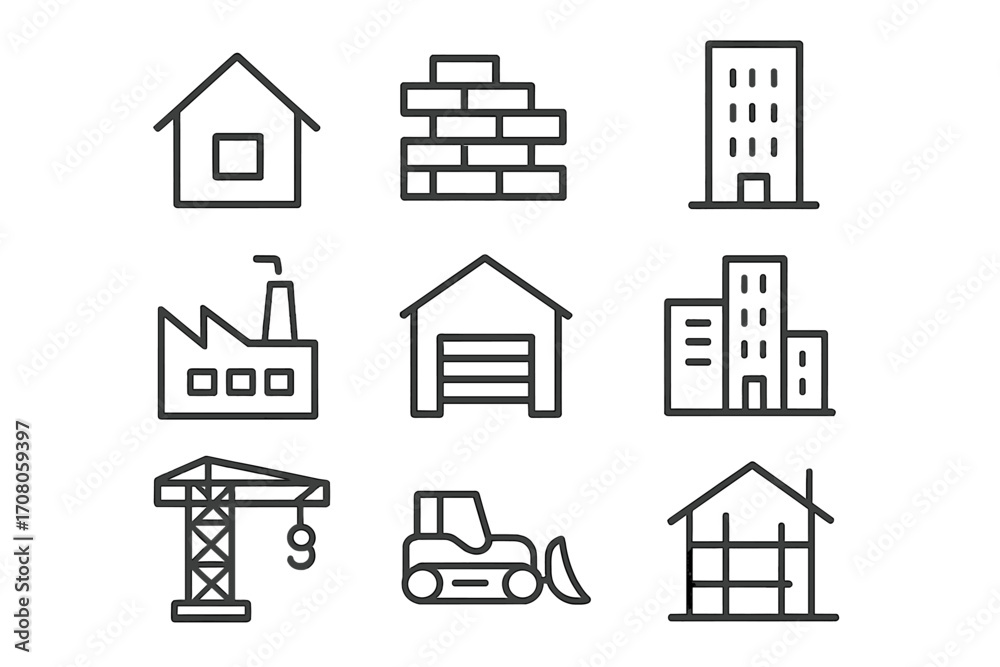 Minimalistic Linear Construction Icons Set, Editable Stroke Vector Pictogram for Building, Factory, Crane, Machinery, Warehouse, Urban Development, and Industrial Design Projects
