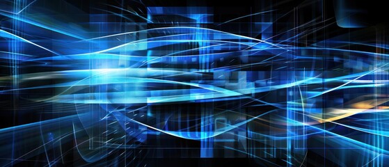 Wall Mural - Blue digital flow curve wave abstract on dark background.