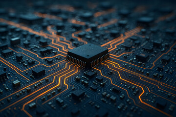 advanced microchip on dark circuit board with glowing lines