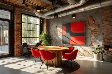 Wall Mural - Industrial meeting room features exposed brick walls, a round wooden table, and modern chairs. The space is bathed in natural window light.