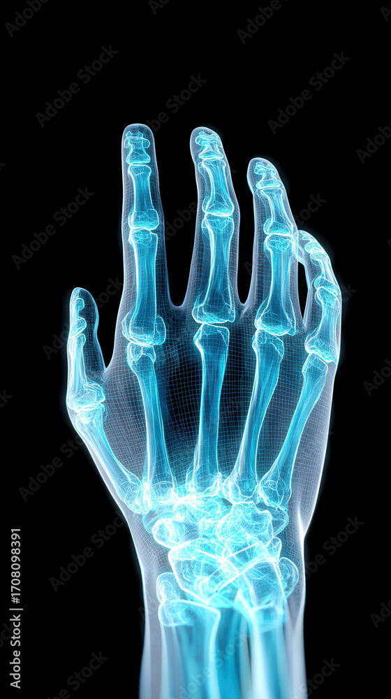 Medical hand x ray showing detailed bone structure and anatomy with ...