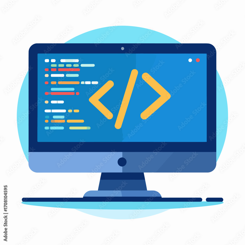 Computer screen displaying code and programming symbols for software ...