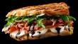 © Sameera - Close up shot of a panini sandwich with prosciutto mozzarella and arugula on a black background