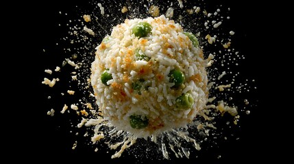 A spherical rice ball with peas exploding against a black backdrop in a high speed photograph