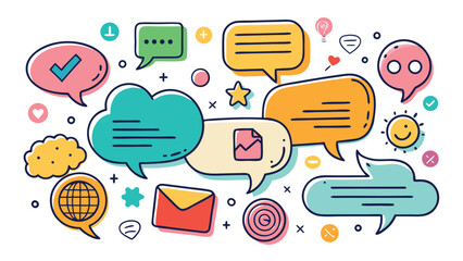 Colorful doodle speech bubbles vector design for social media communication and digital engagement featuring various icons and graphic elements