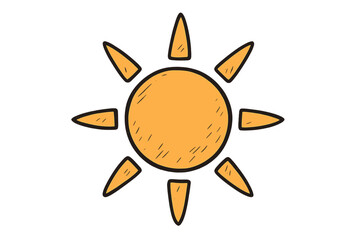 Hand drawn sun icon in a cute doodle sketch style. Vector cartoon illustration of sunshine for summer design. Simple yellow sunny weather symbol. Childish drawing graphic.