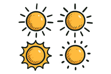 Hand drawn sun icon set. Doodle style sunshine symbols collection. Vector cartoon illustration of summer weather. Yellow sunny sketch elements for design. Isolated on white.