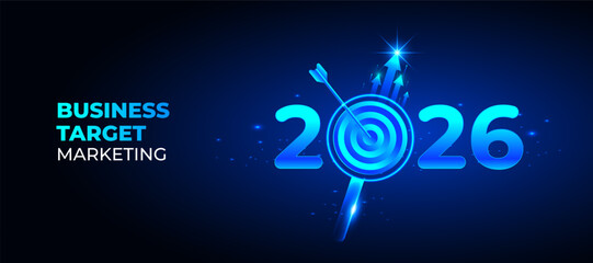Business target vector with arrow hitting bullseye and futuristic blue 2026 marketing concept. Perfect for success, strategy, goal achievement, advertising, finance, and corporate design.