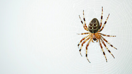 One spider on web isolated on plain white background, minimalist style, copy space.