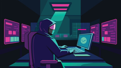 Cyberpunk hacker at computer screens digital art vector illustration futuristic technology