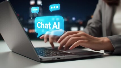 Woman Typing on Laptop with Chat AI Icon Overlap in a Dark Room