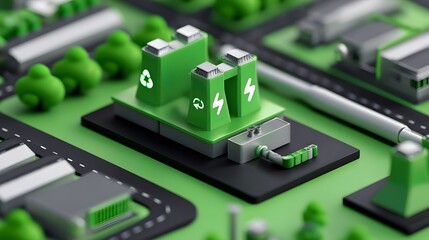 An array of green-colored electronic circuits and microchips arranged on a sleek, black digital platform, representing innovative and sustainable technology solutions.
