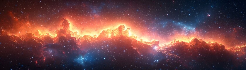 Wall Mural - Expansive view of a vibrant fiery cosmic nebula illuminated by countless glowing stars in the vast expanse of deep space