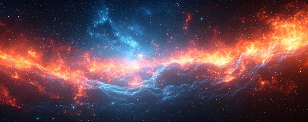 Wall Mural - A vibrant cosmic nebula with glowing orange and blue clouds illuminates the starry expanse of deep space