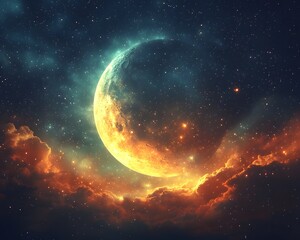 Wall Mural - Vibrant crescent moon glows majestically in a starry nebula illuminated by warm fiery cosmic clouds