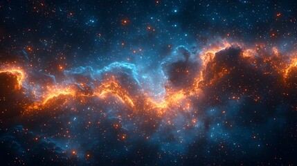 Wall Mural - A vibrant cosmic nebula illuminated with glowing orange and blue hues drifts through a star filled deep space