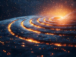 Wall Mural - Abstract cosmic rings with glowing orange energy resembling planetary orbits or a galaxy s accretion disk in deep space