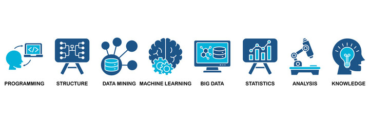 Data science icon set In Blue Monochrome Flat Design vector illustration concept for programming, structure, data mining, machine learning, big data, statistics, analysis, knowledge