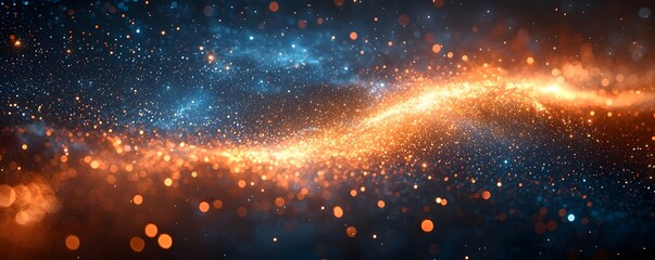 Wall Mural - Abstract cosmic swirl of glowing orange and blue particles and bokeh lights creating a celestial background