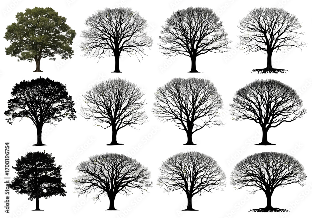 Vector art of a curated selection of tree silhouettes and one green ...