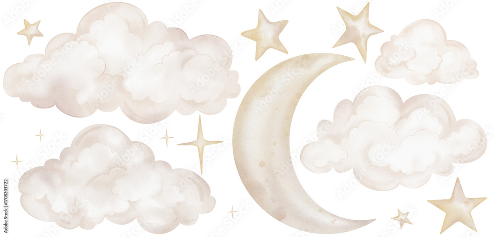Watercolor set of watercolor illustrations with cute clouds, moon and ...