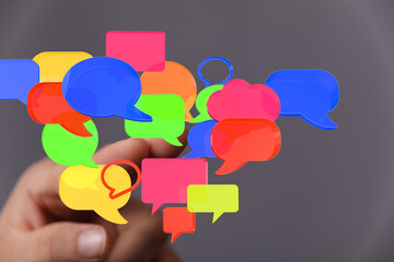 Image of colorful speech bubbles symbolizes communication, conversation, and social media.