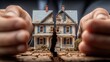 © The Little Hut - Dividing Assets: Hands Separating a Damaged Model House Representing Property Division and Marital Separation
